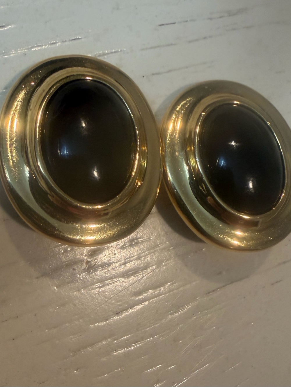 Vintage Liz Claiborne Gold-Tone Earrings with Black Cabochons. Clips.